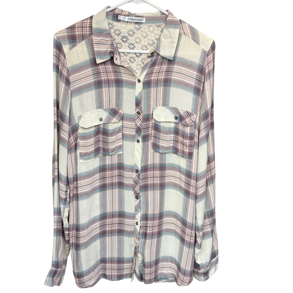 Maurices Plaid Button Long Sleeve Shirt w/ Lace Detail 100% Rayon Womens Size 0